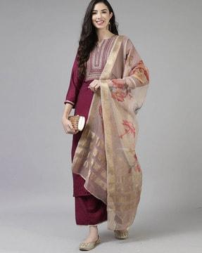 women embellished straight kurta with pants & dupatta