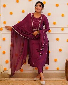 women embellished straight kurta with pants & dupatta