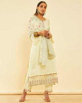 women embellished straight kurta with pants & dupatta