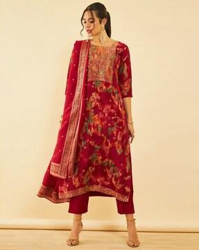 women embellished straight kurta with pants & dupatta