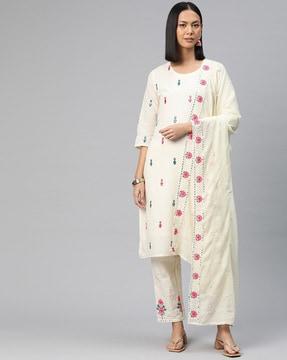 women embellished straight kurta with pants & dupatta