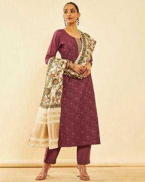 women embellished straight kurta with pants & dupatta