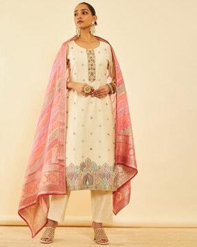 women embellished straight kurta with pants & dupatta