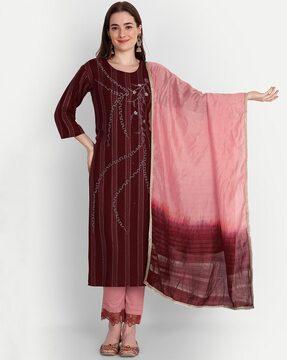 women embellished straight kurta with pants & dupatta