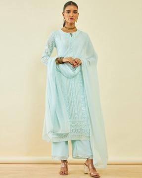 women embellished straight kurta with pants & dupatta