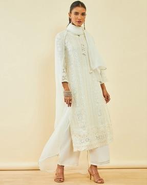 women embellished straight kurta with pants & dupatta