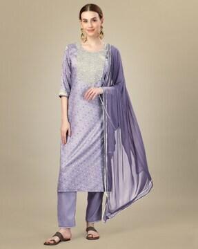 women embellished straight kurta with pants & dupatta