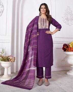 women embellished straight kurta with pants & dupatta