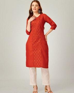 women embellished straight kurta with pants