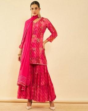 women embellished straight kurta with sharara & dupatta