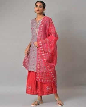 women embellished straight kurta with sharara & dupatta