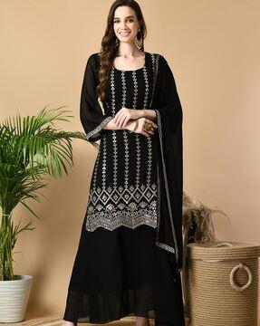 women embellished straight kurta with skirt & dupatta