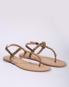 women embellished t-strap flat sandals