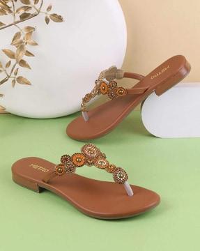 women embellished t-strap flat sandals