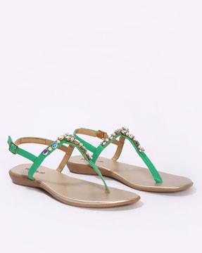 women embellished t-strap sandals