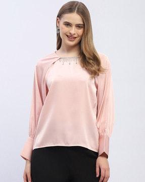 women embellished top with cuffed sleeves