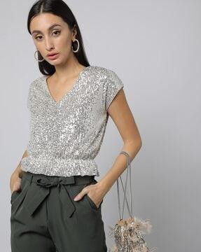 women embellished top with elasticated ruffle