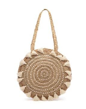 women embellished tote bag with tassels
