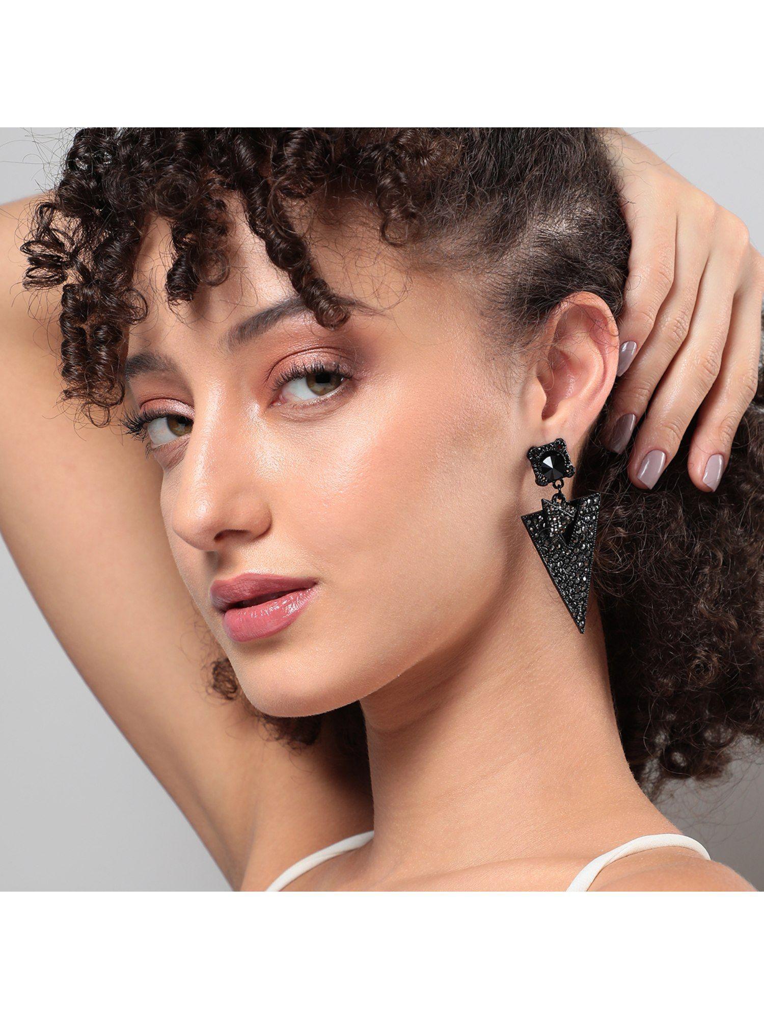 women embellished triangle drop earrings