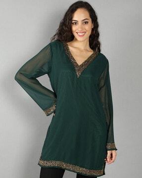 women embellished v-neck straight kurti