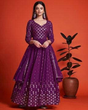 women embroidered 3-piece semi-stitched anarkali dress material