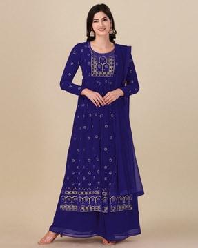 women embroidered 3-piece semi-stitched straight fit dress material