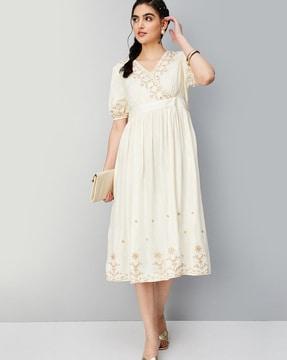 women embroidered a-line dress with v-neck