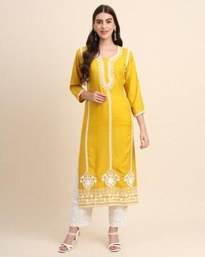 women embroidered a-line kurta & palazzos set