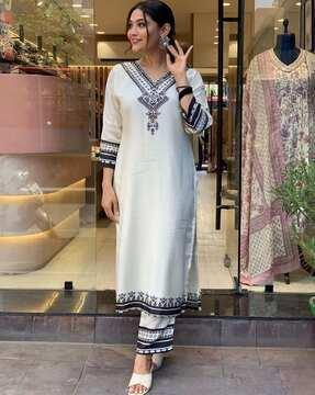 women embroidered a-line kurta pants set