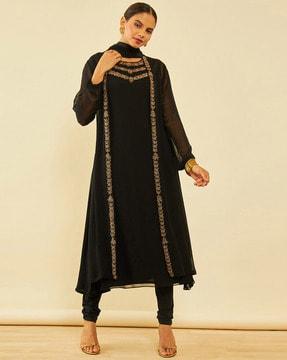 women embroidered a-line kurta set with dupatta & shrug