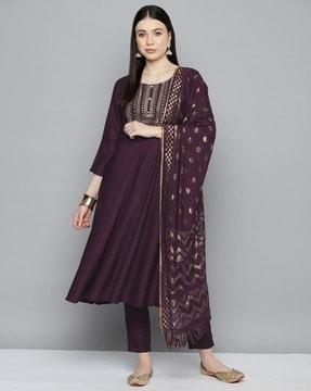 women embroidered a-line kurta set with dupatta