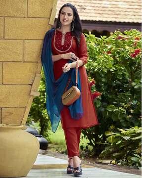 women embroidered a-line kurta set with dupatta