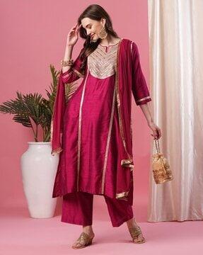 women embroidered a-line kurta set with dupatta