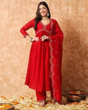 women embroidered a-line kurta set with dupatta