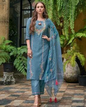 women embroidered a-line kurta suit set with dupatta