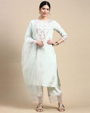 women embroidered a-line kurta suit set