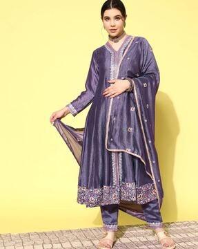 women embroidered a-line kurta suit set