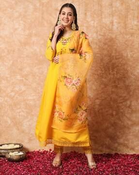 women embroidered a-line kurta suit set