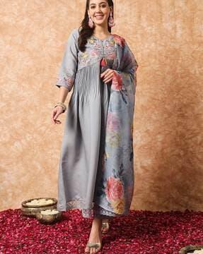 women embroidered a-line kurta suit set