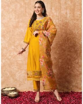 women embroidered a-line kurta suit set