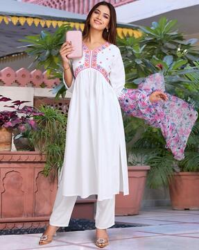 women embroidered a-line kurta suit set