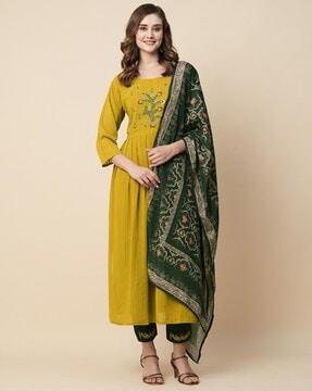 women embroidered a-line kurta suit set