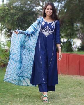 women embroidered a-line kurta with palazzos & dupatta