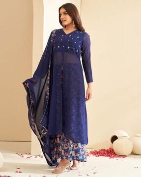 women embroidered a-line kurta with palazzos & dupatta