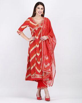 women embroidered a-line kurta with pants & dupatta set