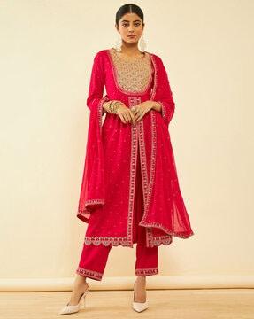 women embroidered a-line kurta with pants & dupatta