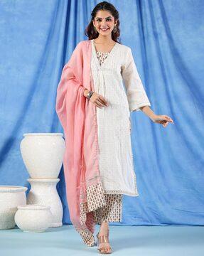 women embroidered a-line kurta with pants & dupatta