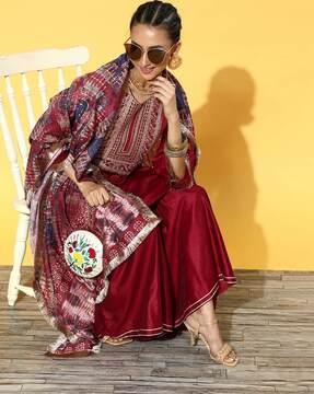 women embroidered a-line kurta with sharara & dupatta