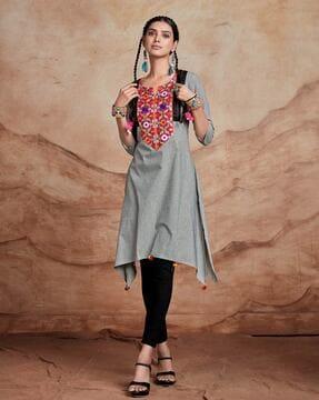 women embroidered a-line kurta with tassels