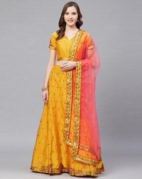 women embroidered a-line lehenga choli set with dupatta